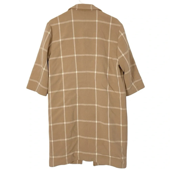 Toccin Nude Plaid Jacket Women XS Midi Length 3/4 Long Sleeves Tan Ivory Pockets - Picture 2 of 14